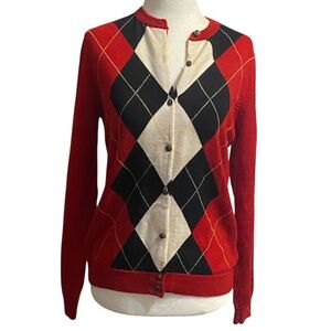 Tabi Merino Wool Retro Preppy Argyle coat of arms button up cardigan. Sz S
